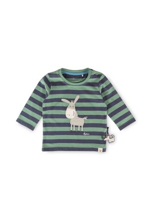 Langärmeliges Baby-Shirt mit grünen und dunkelblauen Streifen, mit einem lächelnden Esel-Design und zwei Druckknöpfen an der Schulter.