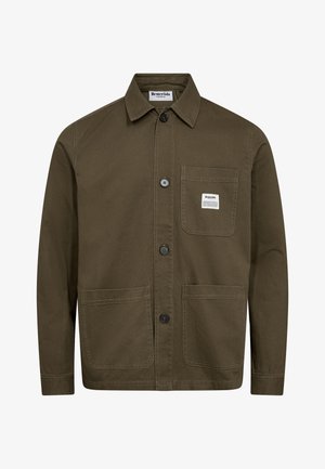 Olive green jacket made of cotton with a button-up front, collar, two patch pockets, and a small branded label on the chest pocket.