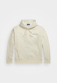Beige bomullströja med känguruficka, dragskohuva och broderad "Polo Ralph Lauren"-logotyp på bröstet. Mjuk textur.