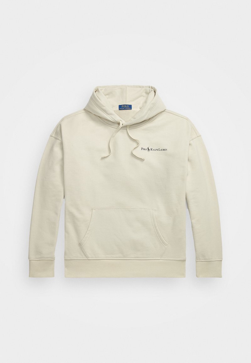 Béžová bavlněná mikina s klokankou, kapucí se stahovací šňůrkou a vyšitým logem "Polo Ralph Lauren" na hrudi. Měkká textura.