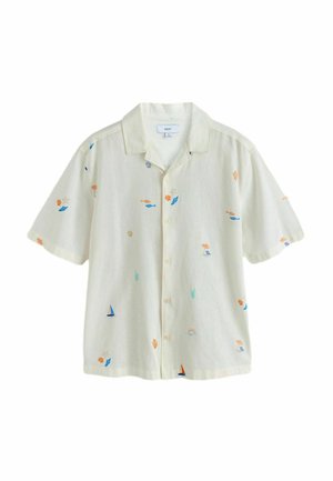 Kurzärmeliges cremefarbenes Hemd mit kleinen, bestickten Strandmotiven wie Boote, Fische, Sonne, Muscheln und Pflanzen.