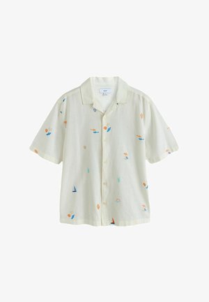 Kurzärmeliges cremefarbenes Hemd mit kleinen, bestickten Strandmotiven wie Boote, Fische, Sonne, Muscheln und Pflanzen.
