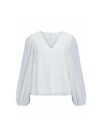 Blouse blanche avec un col en V, de longues manches ballons et un tissu doux et lisse. Présente un léger plissage au niveau des poignets.