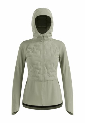 Hellgraue Kapuzenjacke mit Frontreißverschluss, langen Ärmeln, gestepptem Brustbereich und seitlichen Reißverschlusstaschen.