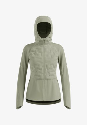 Hellgraue Kapuzenjacke mit Frontreißverschluss, langen Ärmeln, gestepptem Brustbereich und seitlichen Reißverschlusstaschen.