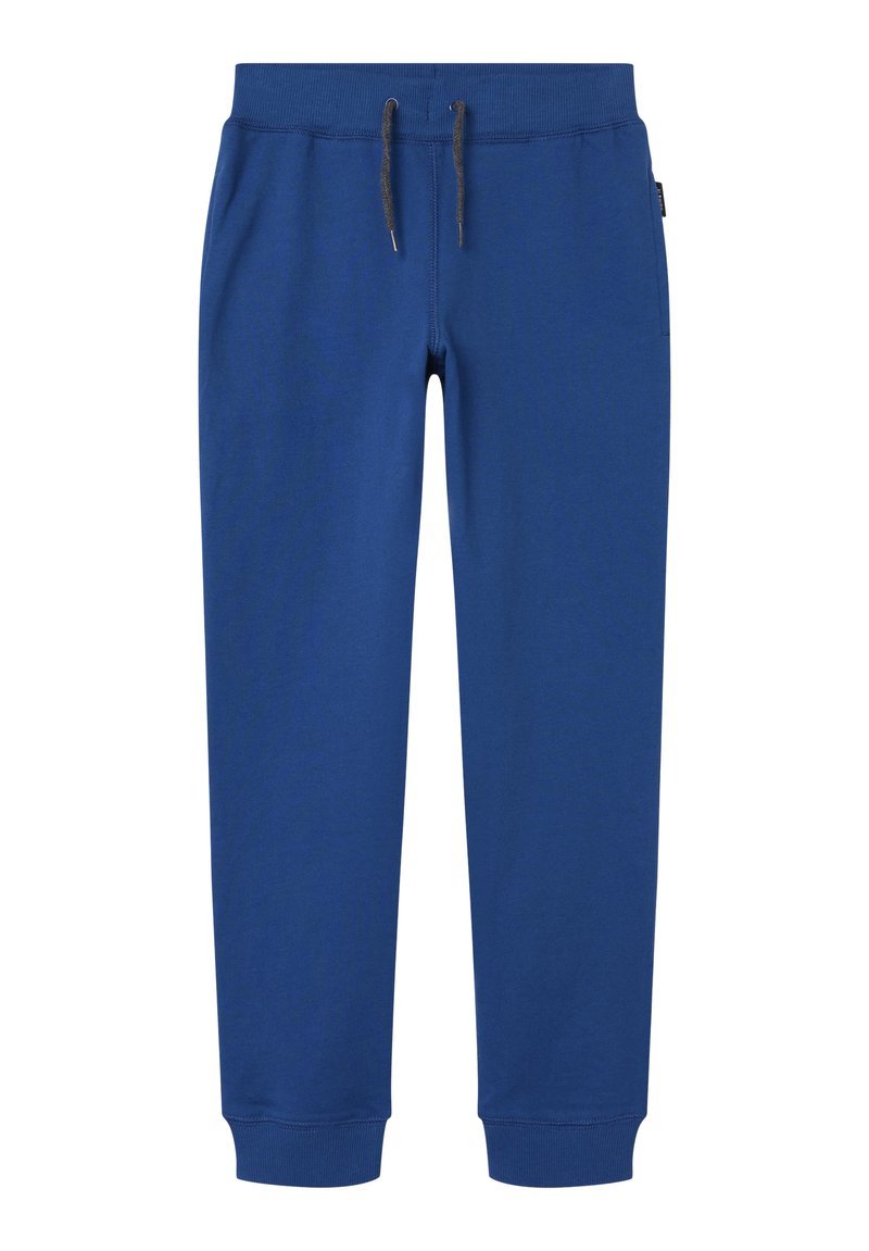 Pantalons de jogging en coton bleu avec une taille élastique à cordon de serrage et des poignets côtelés. Texture lisse, sans motifs ni accents. Design décontracté.