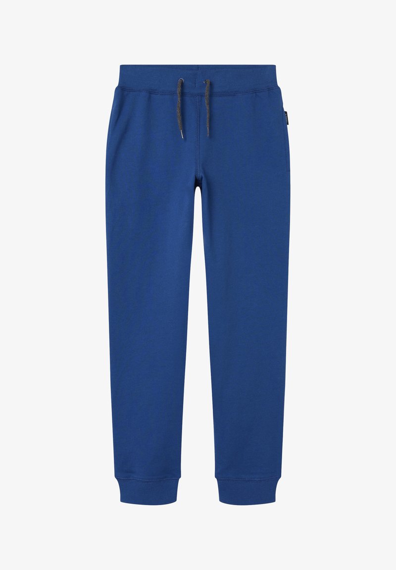 Pantalons de jogging en coton bleu avec une taille élastique à cordon de serrage et des poignets côtelés. Texture lisse, sans motifs ni accents. Design décontracté.