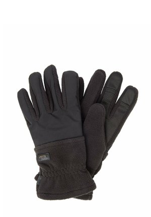 Black gloves featuring a soft fleece exterior and a smooth inner lining, with textured palm for grip and an elastic cuff for snug fit.
