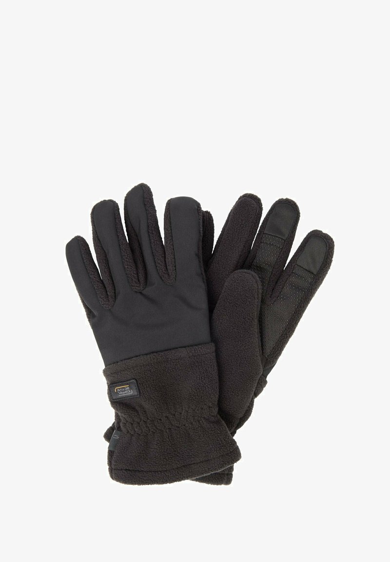 Schwarze Handschuhe mit einem weichen Fleece-Außenmaterial und einem glatten Innenfutter, mit strukturiertem Handflächenbereich für einen guten Griff und einem elastischen Bündchen für einen engen Sitz.