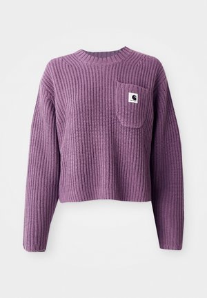 Paarse geribbelde trui met lange mouwen, een ronde hals en een voorzak met een klein logo-label. Geweven stof met textuur.