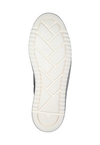 Semelle de chaussure en caoutchouc blanc texturé, avec un motif de bande de roulement en zigzag pour une meilleure adhérence, et un côté en caoutchouc noir lisse.