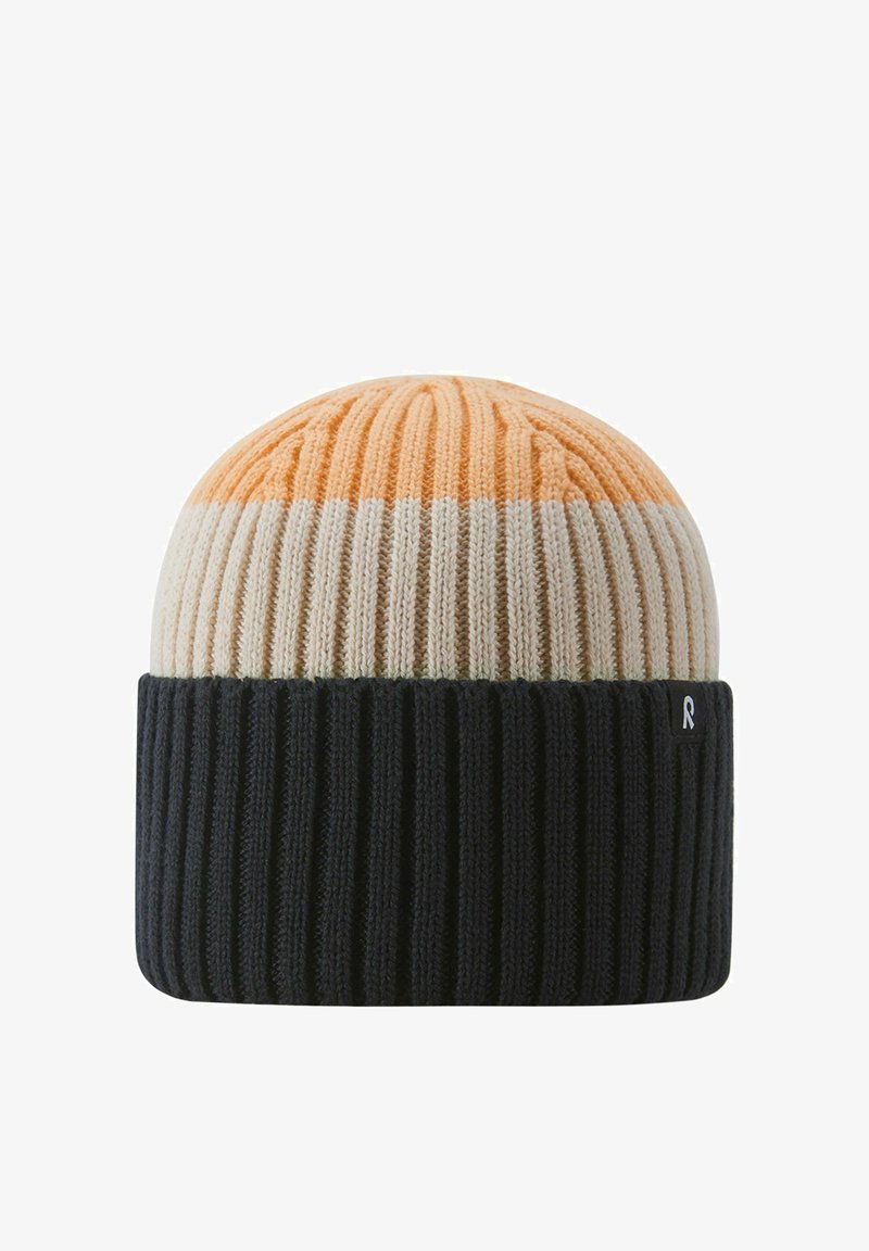 Knitted ribbed beanie with three color blocks: peach top, beige middle, and black folded brim with small logo tag.