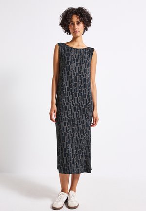 Sleeveless midi dress in dark navy with a geometric beige pattern. Made from soft fabric, it features a round neckline and side slits.