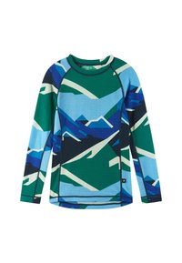 Koszula z długim rękawem z kolorowym wzorem górskim w odcieniach zieleni, niebieskiego i bieli. Wykonana z miękkiego materiału, z okrągłym dekoltem.