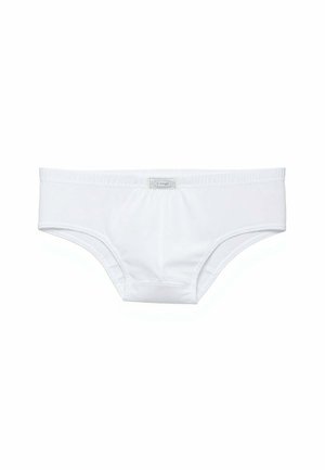 Slip bianchi da donna con vita elastica e piccola toppa rettangolare con logo al centro davanti.