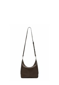 Brązowa skórzana torba na ramię o zaokrąglonym kształcie, z regulowanym paskiem i gładką fakturą. Posiada suwak na górze do zamknięcia.