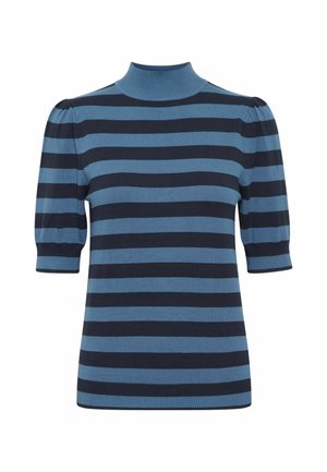 Mėlynos ir tamsiai mėlynos juostelės trumpomis rankovėmis viršus su aukštu kaklu, pasižymintis pūstomis pečių linijomis ir lygiu mezgimo tekstūru.