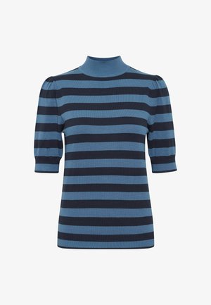 Mėlynos ir tamsiai mėlynos juostelės trumpomis rankovėmis viršus su aukštu kaklu, pasižymintis pūstomis pečių linijomis ir lygiu mezgimo tekstūru.