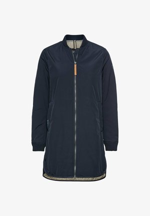 Marineblaue Bomberjacke mit Reißverschluss, gerippten Bündchen und glatter Oberfläche. Beinhaltet zwei seitliche Taschen und eine leichte Innenauskleidung.