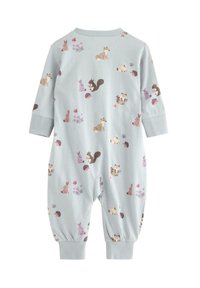 Tutina azzurra chiara con un motivo di animali, tra cui conigli e scoiattoli, con maniche lunghe e caviglie con polsini. Materiale morbido.