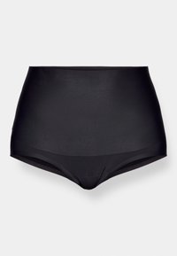 Culotte sculptante taille haute noire en tissu lisse et extensible, au design épuré et sans coutures visibles. Idéale pour un ajustement élancé.