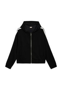 Giacchetto nero con cappuccio e zip, dotato di due tasche frontali, polsini a coste e dettagli a strisce bianche sulle spalle. Tessuto morbido e design corto.