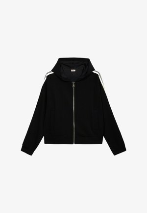 Black hooded zip-up jacket with two front pockets, ribbed cuffs, and white striped accents on the shoulders. Soft texture and cropped design.