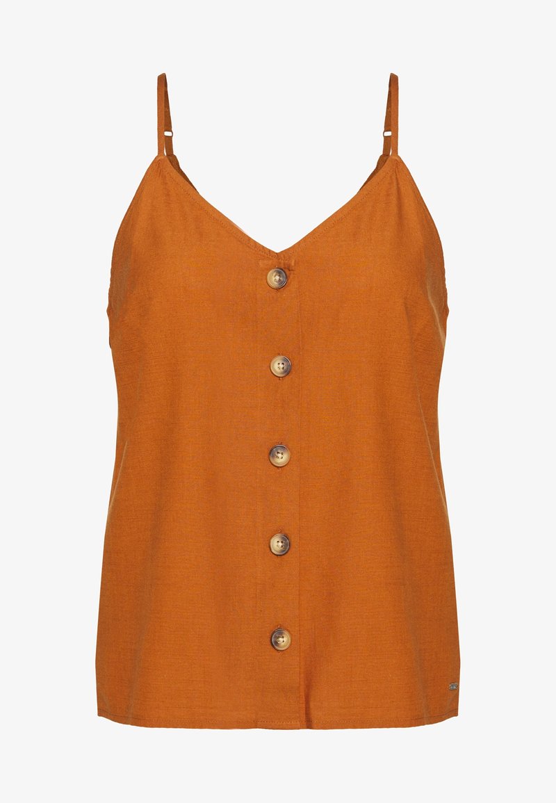 Orange tanktopp med tunna axelband och V-ringning. Har sex knappar fram, tillverkad av ett texturerat tyg med en mjuk yta.