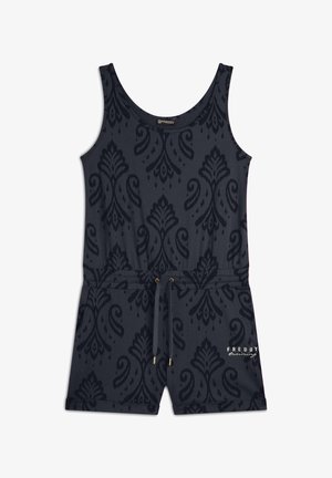 Rompers sans manches bleu marine avec un motif damassé texturé, taille élastique, cordon de serrage et accents dorés. Nom de la marque affiché en doré.