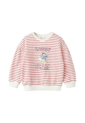 Pull rayé blanc et rouge avec un graphique de Donald et Daisy Duck et le texte « Lovely Team » sur le devant.