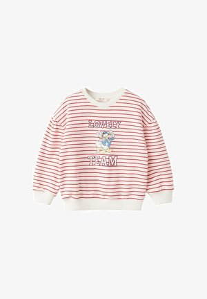 Pull rayé blanc et rouge avec un graphique de Donald et Daisy Duck et le texte « Lovely Team » sur le devant.
