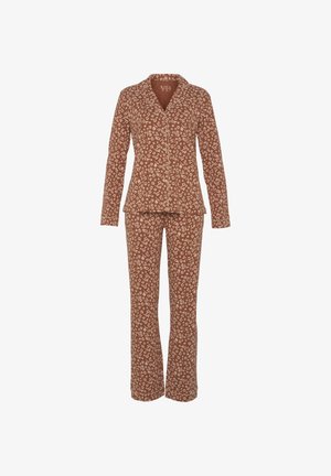 Brown pajama set with floral pattern, featuring a collared button-up top and matching pants, made from soft, lightweight fabric.