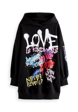 Sweat à capuche noir avec texte de graffiti coloré comprenant "LOVE is kindness", "Never give up" et des graphismes de fleurs rouges et violettes.