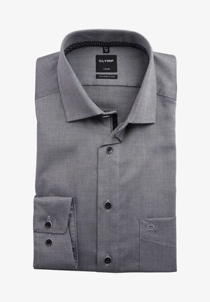 Chemise habillée grise texturée pour homme, pliée, manches longues, poignets boutonnés et col ouvert, étiquetée Olymp Luxor coupe moderne taille 15-40.