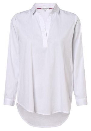 Blouse blanche à manches longues avec col et patte de boutonnage en V, ourlet courbé plus long à l'arrière, en tissu léger.