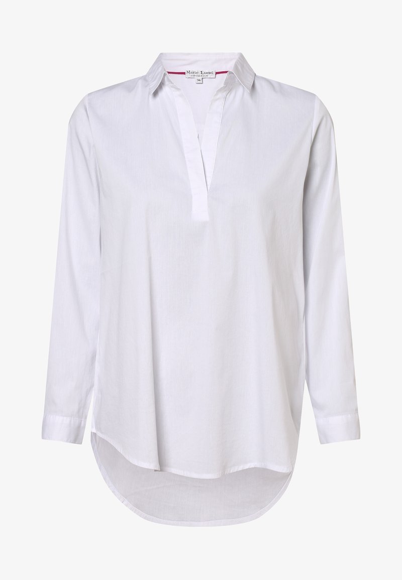 Blouse blanche à manches longues avec col et patte de boutonnage en V, ourlet courbé plus long à l'arrière, en tissu léger.