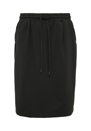 Zwarte rok van zachte stof, met een elastische tailleband en een trekkoord, en zijzakken. Rechte snit en eenvoudig ontwerp.