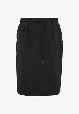 Schwarzer Rock aus weichem Stoff, ausgestattet mit einem elastischen Bund und einer Zugkordel sowie Seitentaschen. Gerader Schnitt und schlichtes Design.
