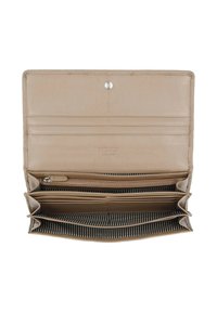 Beige leather wallet with multiple card slots, a zippered pocket, and a striped interior lining. Button closure at the top.