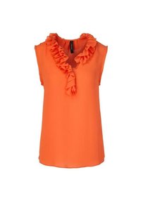 Top sin mangas naranja con un escote con volantes y una abertura en forma de V. Está hecho de un tejido ligero, con una textura suave y un color llamativo.