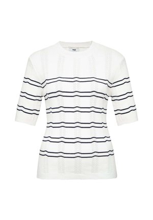 Maglione bianco a maniche corte con righe orizzontali blu navy e scollo rotondo.