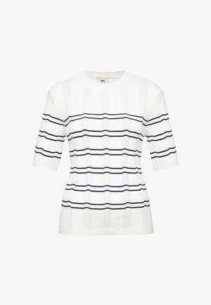 White short-sleeve knit sweater with horizontal navy blue stripes and a round neckline.