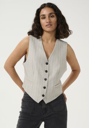Gray pinstriped vest with a deep V-neckline, five black buttons, and two front pockets. Worn over dark denim pants, showcasing a tailored fit.