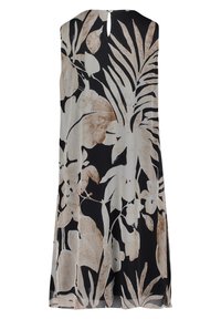 Ärmelloses schwarzes Kleid mit einem floral und blattartigen Muster in Beige und Braun, ausgestattet mit einem Schlüsselrückenausschnitt und einer glatten Textur.