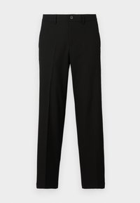 Svarta byxor av tyg med en slät yta. Har en knappstängning, rak fram och rak ben-design.