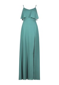 Robe maxi en tissu turquoise doux avec un corsage à volants superposés, des bretelles spaghetti réglables et une fente haute sur le côté.