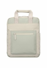 Zaino di colore beige chiaro e verde pallido con manici superiori, tasca con zip anteriore, tessuto testurizzato e design rettangolare. Logo impresso sulla parte superiore.