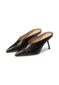 Black leather mules with a pointed toe and a slim, stiletto heel. Smooth texture with a subtle sheen, featuring an open back design.