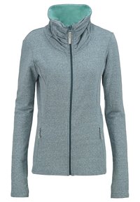 Giacca grigia con zip e colletto alto, caratterizzata da una texture liscia, due tasche laterali e un interno di colore verde chiaro a contrasto.
