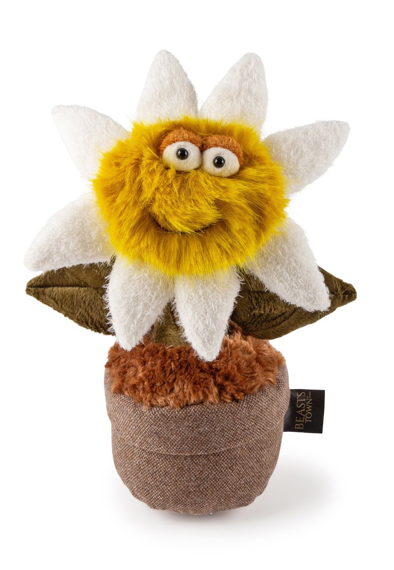 Plush toy flower with white petals, yellow furry center with eyes and smile, green leaves, and brown textured pot.